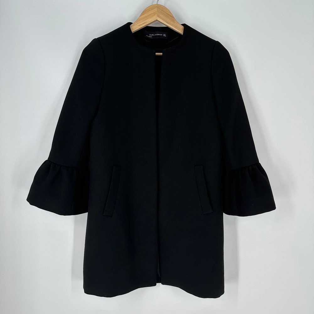 ZARA Bell Sleeve Collarless Coat Long Black Jacket - Picture 4 of 12
